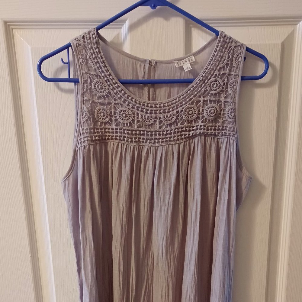 SPENSE Asymmetrical Crinkle Crochet Tunic Tank Medium in Taupe / Lt Sage